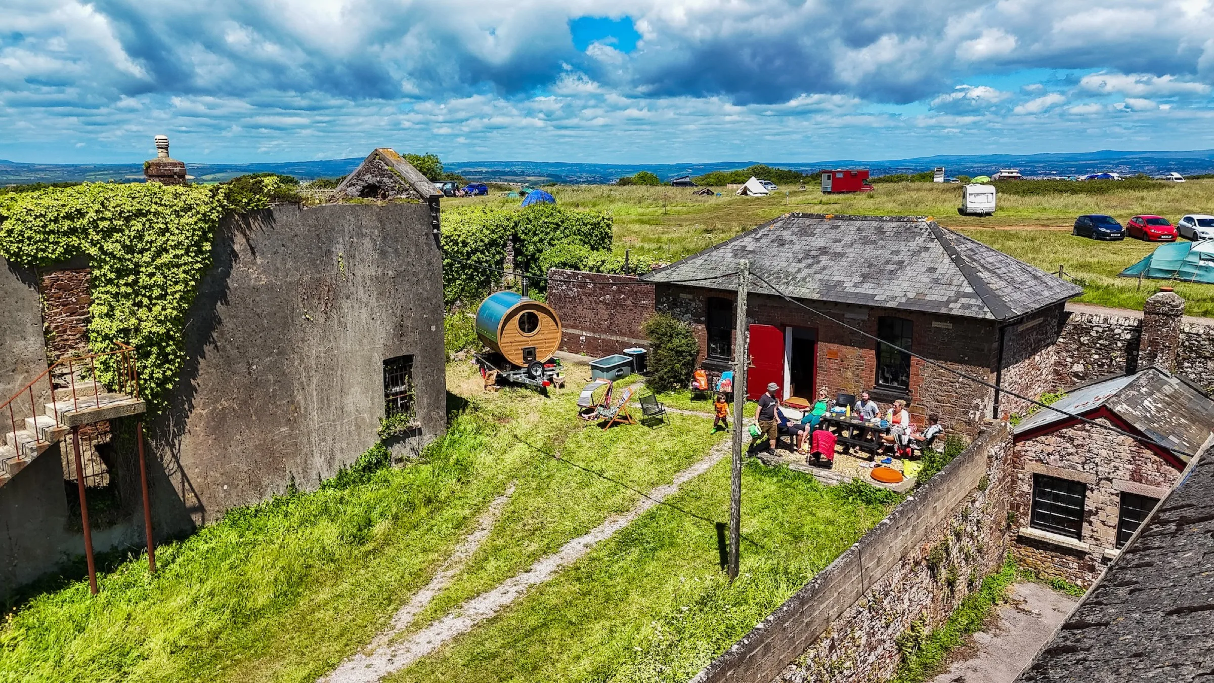 Aerial view of the Straw Store and sauna at Maker Heights